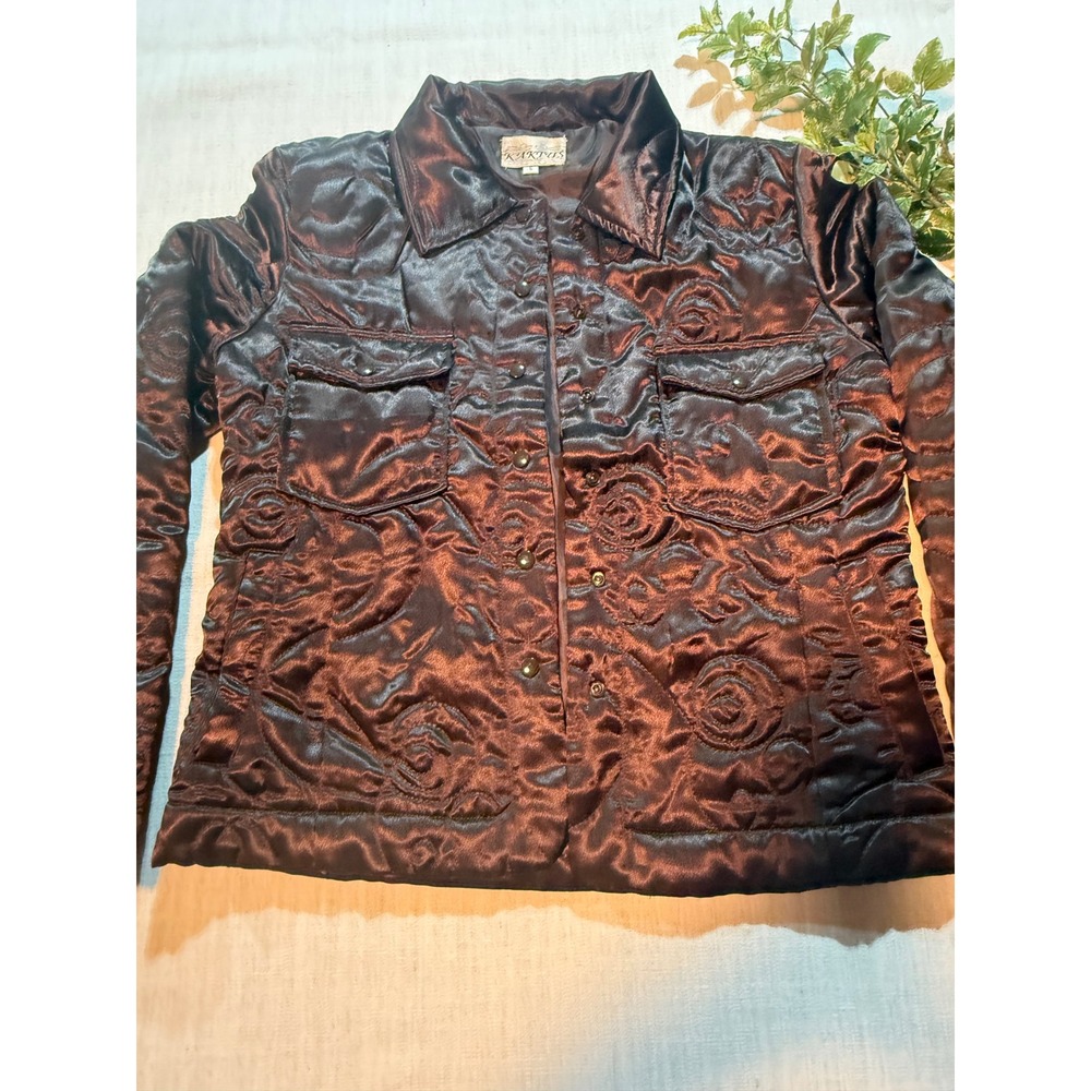 Kaktus Women Brown Satin Quilted Rose Floral Snap Front Utility Jacket Small